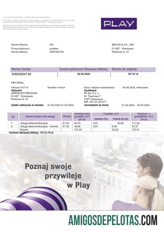 Em branco modelo de conta de serviços públicos do Polônia Play em formato Word e PDF